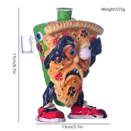 Cartoon pizza-themed glass water pipe showing front character face and green body.