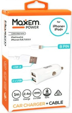 Dual USB car charger with 8-pin iPhone cable, 1m length