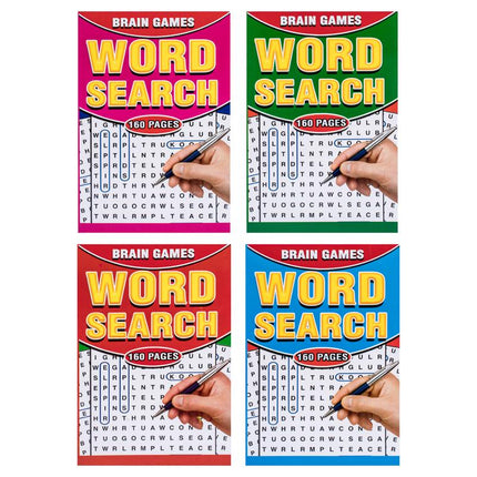 Word search puzzle book with colorful cover, “Brain Games” header, and word grid