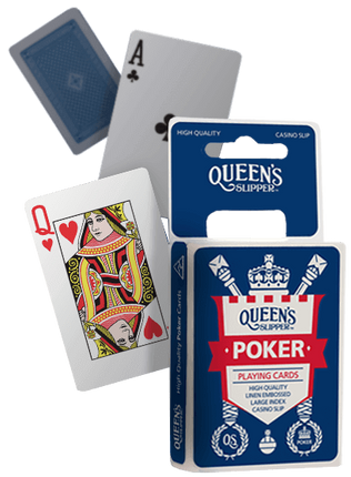 Poker playing card deck with blue Queen’s Slipper design and card face visible