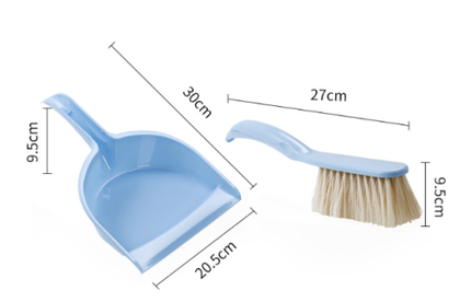 Blue dustpan and brush with size measurements shown