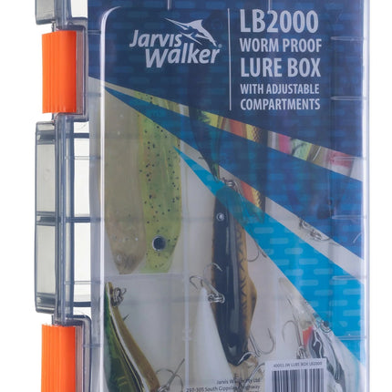 Jarvis Walker LB2000 lure box with adjustable compartments, orange latches, clear lid