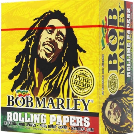 King-size rolling papers pack, Bob Marley yellow design with Pure Hemp seal and portrait.