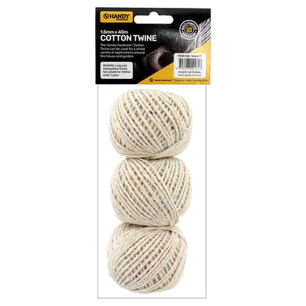 Cotton twine 3-pack with packaging label and three light beige balls