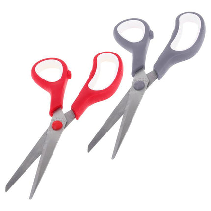 Pair of Easy Grip stainless scissors: red and gray handles with pointed blades