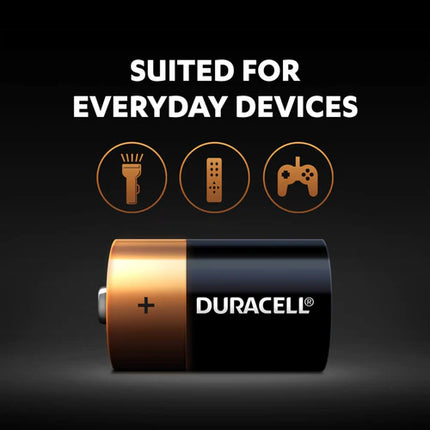 Duracell D alkaline battery with everyday device icons on the package backing