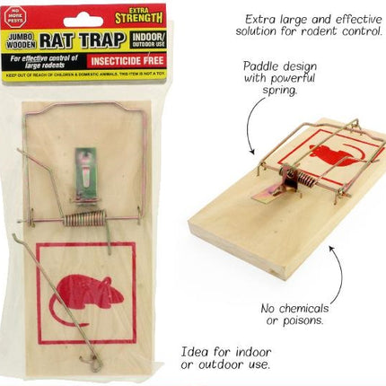 Wooden jumbo rat trap, paddle design with spring-loaded trigger and metal bait plate
