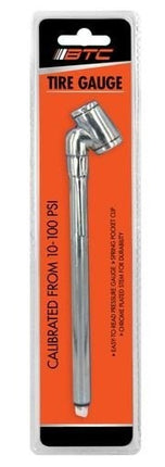 Handheld tire pressure gauge tool in retail package, 16 cm long