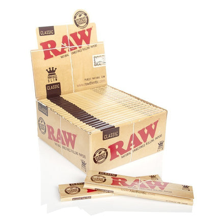 RAW king size slim rolling papers display with classic brown unfiltered papers