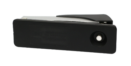 Metal full-strip stapler 24/6 & 26/6, black side with circular adjustment hole.