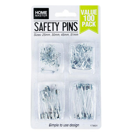 Assorted silver safety pins in blister pack, 100 count, assorted sizes