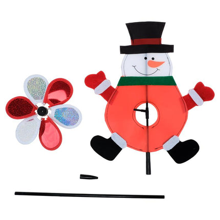 Snowman windmill stake decoration with red hat, orange body, and glitter pinwheel