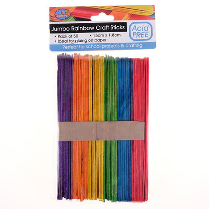 Rainbow jumbo craft sticks, 50-pack, assorted colors on a cardboard holder