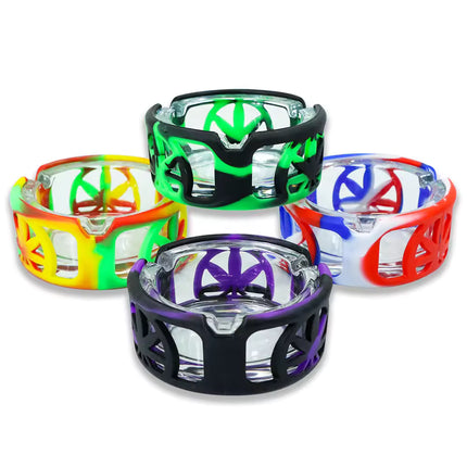 Set of colorful silicone-glass ashtrays with peace icon cutouts, neon green and black tray
