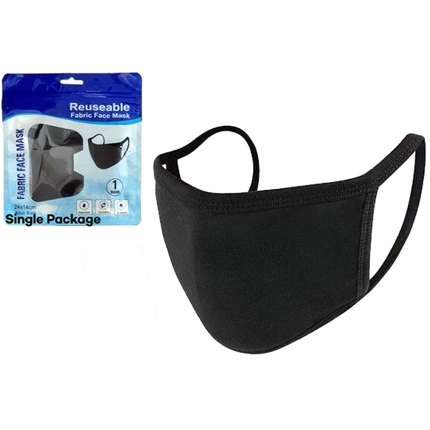Black reusable fabric face mask with adjustable ear loops