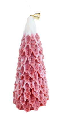 Red-pink Christmas tree shaped candle with white wick