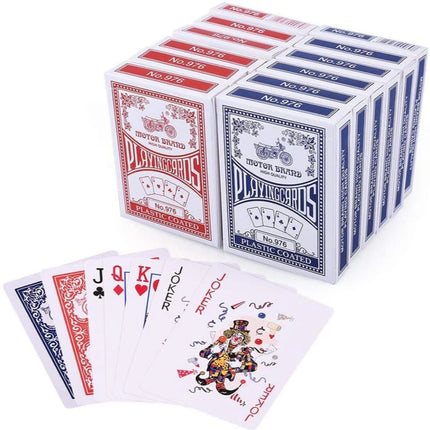 Playing card set with red and blue numbered boxes and fanned cards with face suits
