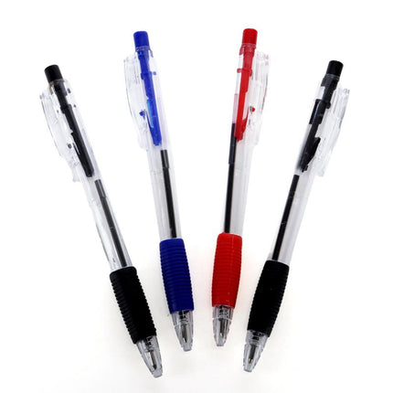 Retractable ball point pen set, clear barrels with blue, red, and black grips
