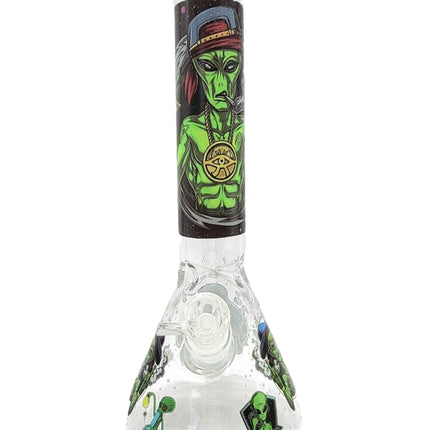 Green alien graphic glass water beaker with clear mouthpiece and base.