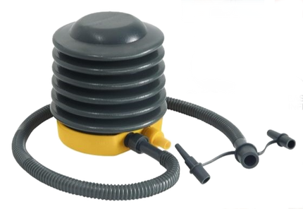 Foot pump with ribbed gray top, yellow base, gray hose and two nozzle attachments