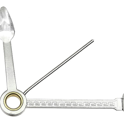 Metal tobacco pipe tool with spoon scoop and poker, gold-tone ring