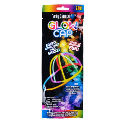Glow stick cap party pack in black blister bag with multicolor GlowCap graphics