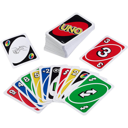 UNO playing cards stack with assorted numbers, arrows, and action symbols