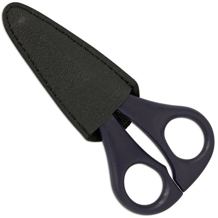 Braid line snips with black fabric blade cover and dark handle loops