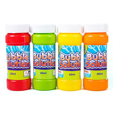 Set of four 60 ml bubble solution bottles: red, green, yellow, and orange