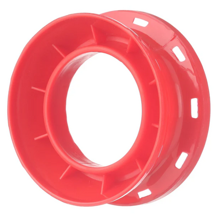 Red plastic hand caster with central hole and guide spokes, unrigged 11.5cm