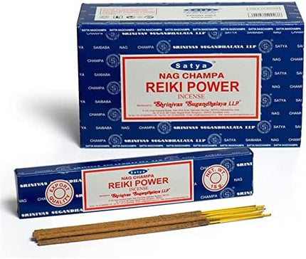Satya Nag Champa Reiki Power incense sticks with blue box and red label