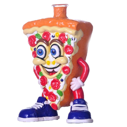 Orange pizza-slice glass water pipe with cartoon face, red arms, blue shoes and clear neck