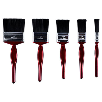 Paint brushes set of 5: varying widths with black bristles and glossy red handles