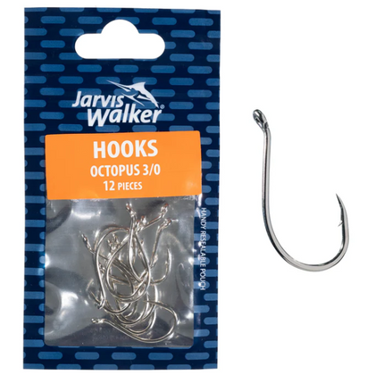 Nickel octopus-style fishing hooks, curved barbed, in sealed 12-pack package