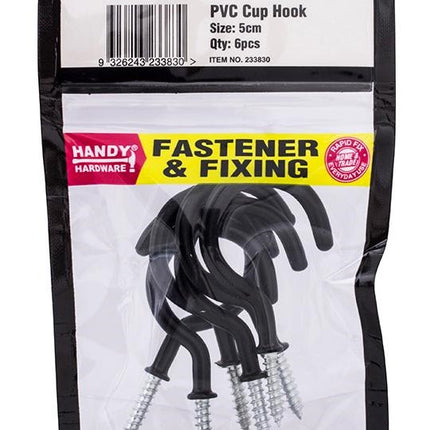 Black PVC cup hooks, 50mm, 6-pack for fastening and fixing