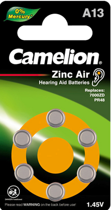 Camelion A13 zinc air hearing aid batteries, 1.45V pack with round cells shown