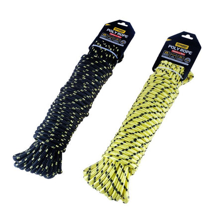 Diamond-braided poly rope on card packaging, dark navy and neon yellow, 10mm x 15m