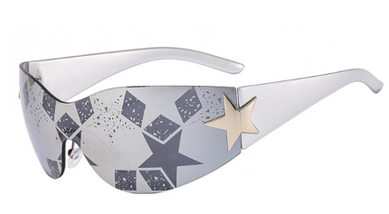 Women's star-pattern sunglasses with silver frame and geometric lens print