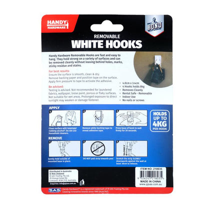 Back of package for removable white plastic hooks, 4-pack, with application steps