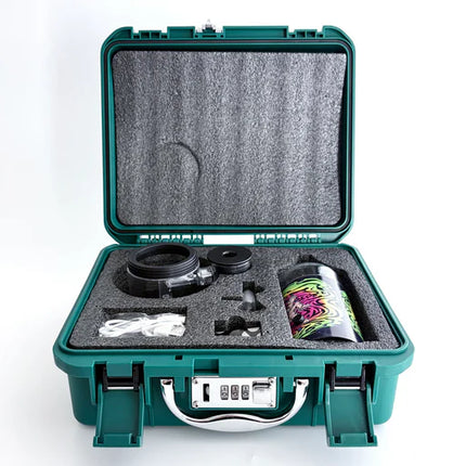 Electric LED bong in teal travel case with foam insert and black accessory pieces