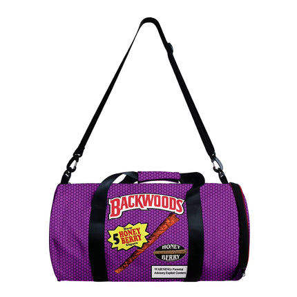 Purple carry bag with two shoulder straps and Backwoods Honey Berry label