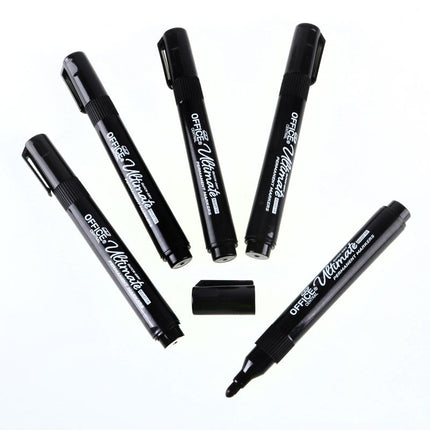 Black permanent markers, 5-pack with bullet tip, shown individually