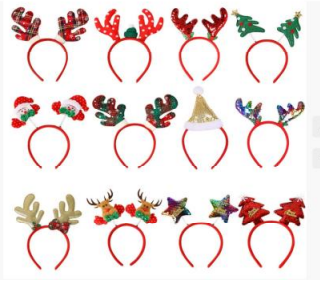 Set of Christmas headbands with red antlers, holly, and candy-cane accents