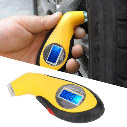 Digital tyre gauge, yellow handheld tire pressure meter with blue LCD screen