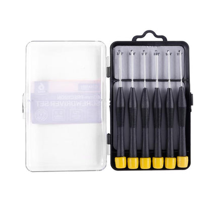 6 precision screwdrivers with black grips and yellow end caps in open storage case