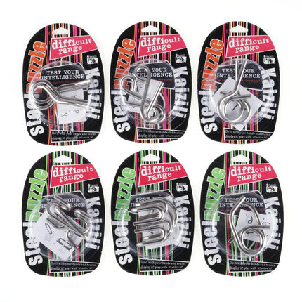 Assorted metal IQ puzzle kits with key-shaped metal parts on dark cards in red and green