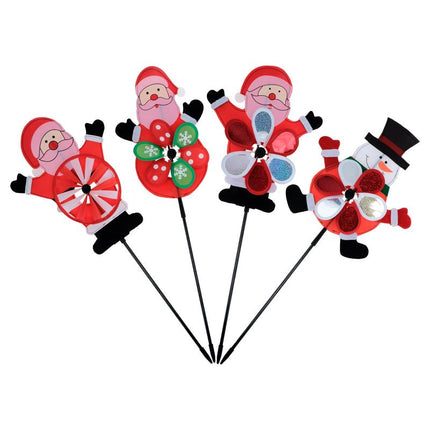 Christmas windmill stake decoration with Santa faces and colorful pinwheels