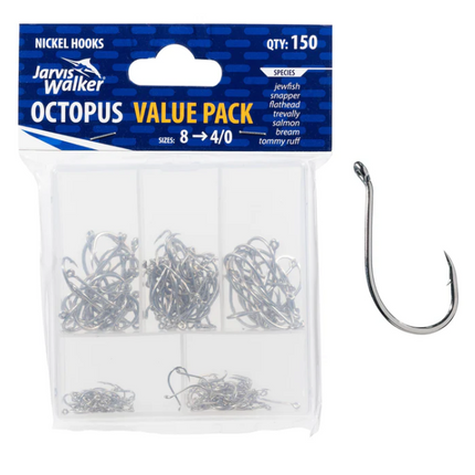 Jarvis Walker octopus fishing hooks value pack, nickel, assorted sizes, qty 150