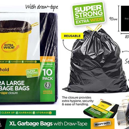 Extra large black heavy-duty garbage bags with draw-tape closure, shown with tied top