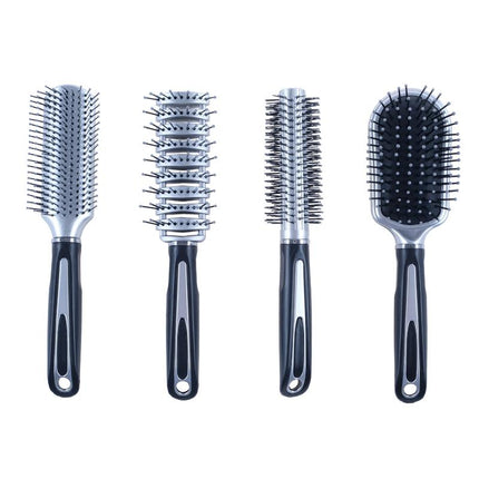 Assorted hair styling brushes set of 4: round vents, paddle, mixed bristle heads